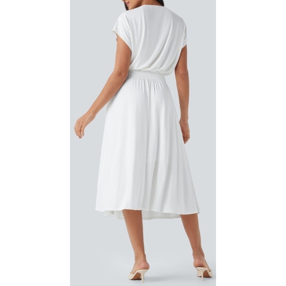 Halara Dress S White Gather Waist Great Draping Midi Batwing Tummy Control Flowy - Picture 4 of 11